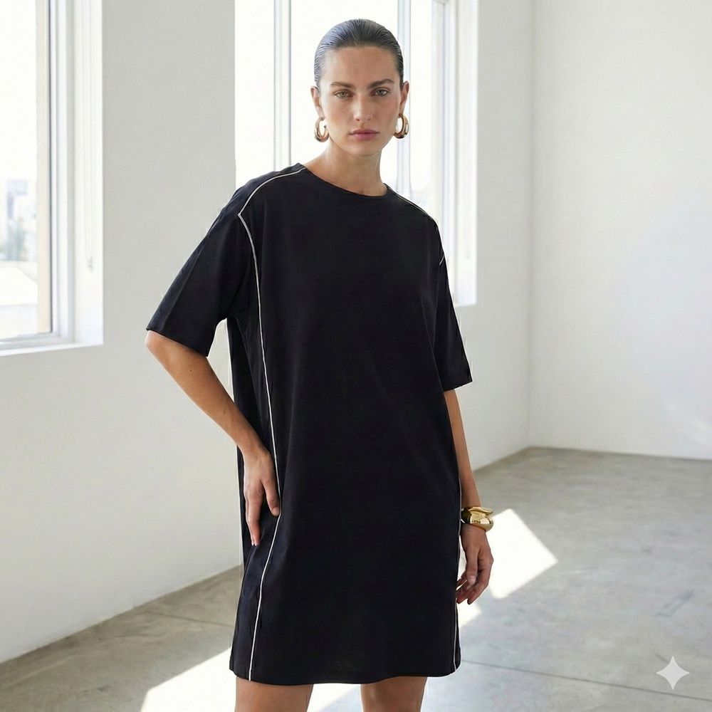 COS Black Short Sleeve Shift Dress with Contrast Piping